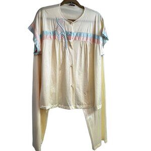 Vintage Vanity Fair Yellow Nylon Pajama Set With Embroidered Feather Design